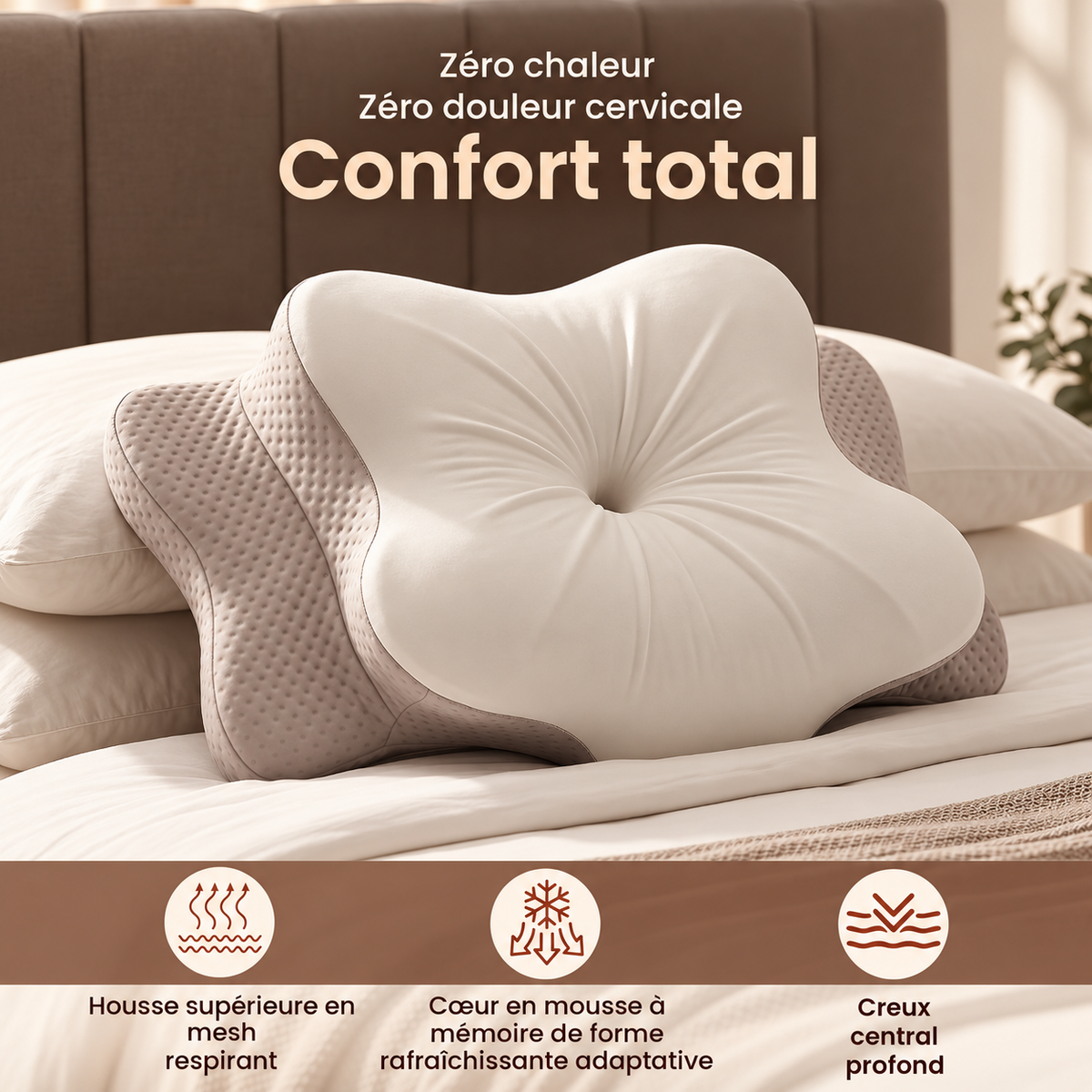 Infographie Maisoly sur le confort et le maintien de l’oreiller papillon