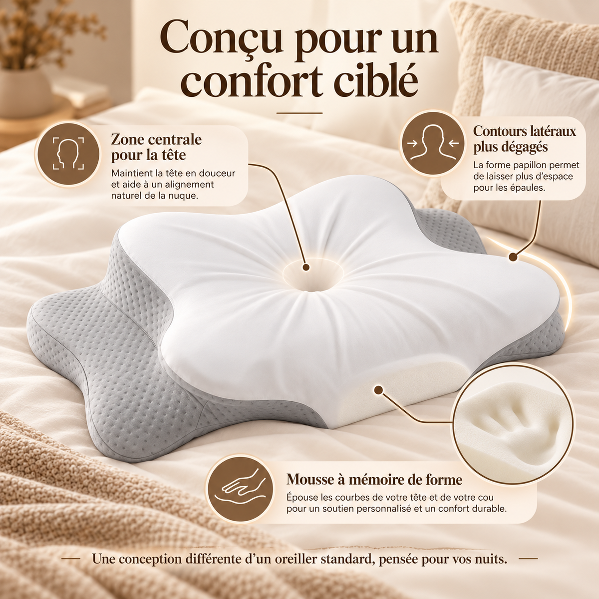 Oreiller papillon ergonomique en mousse à mémoire de forme – Maisoly