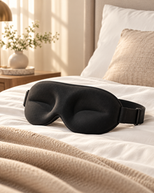 Masque de sommeil 3D Maisoly noir sur un lit beige et blanc