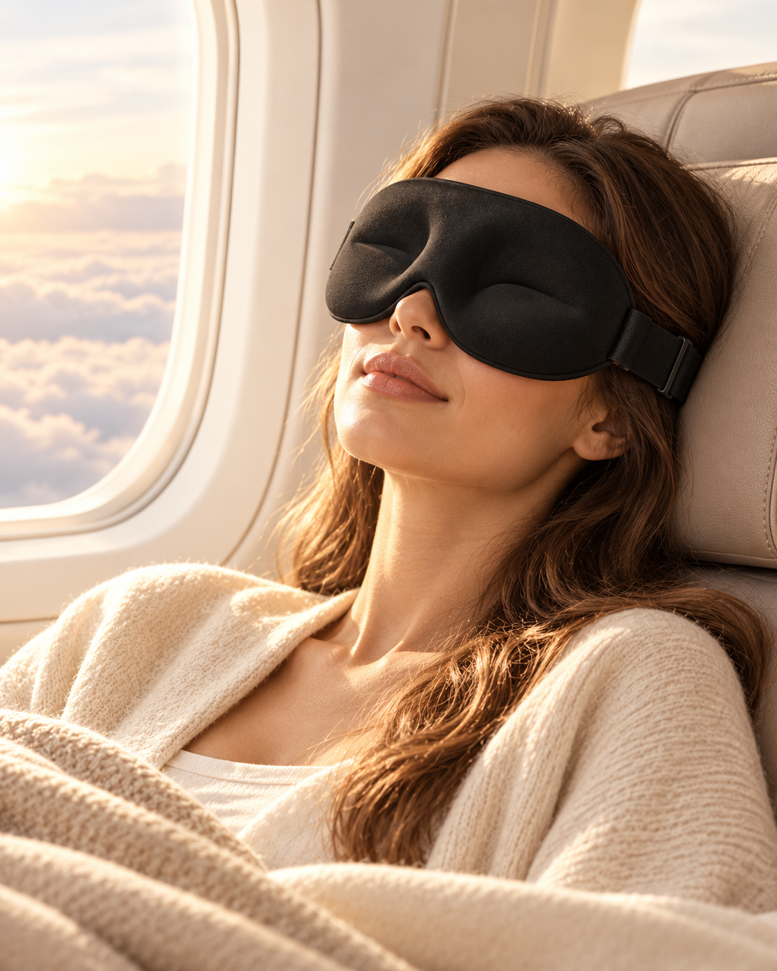 Femme portant le masque de sommeil 3D Maisoly en voyage